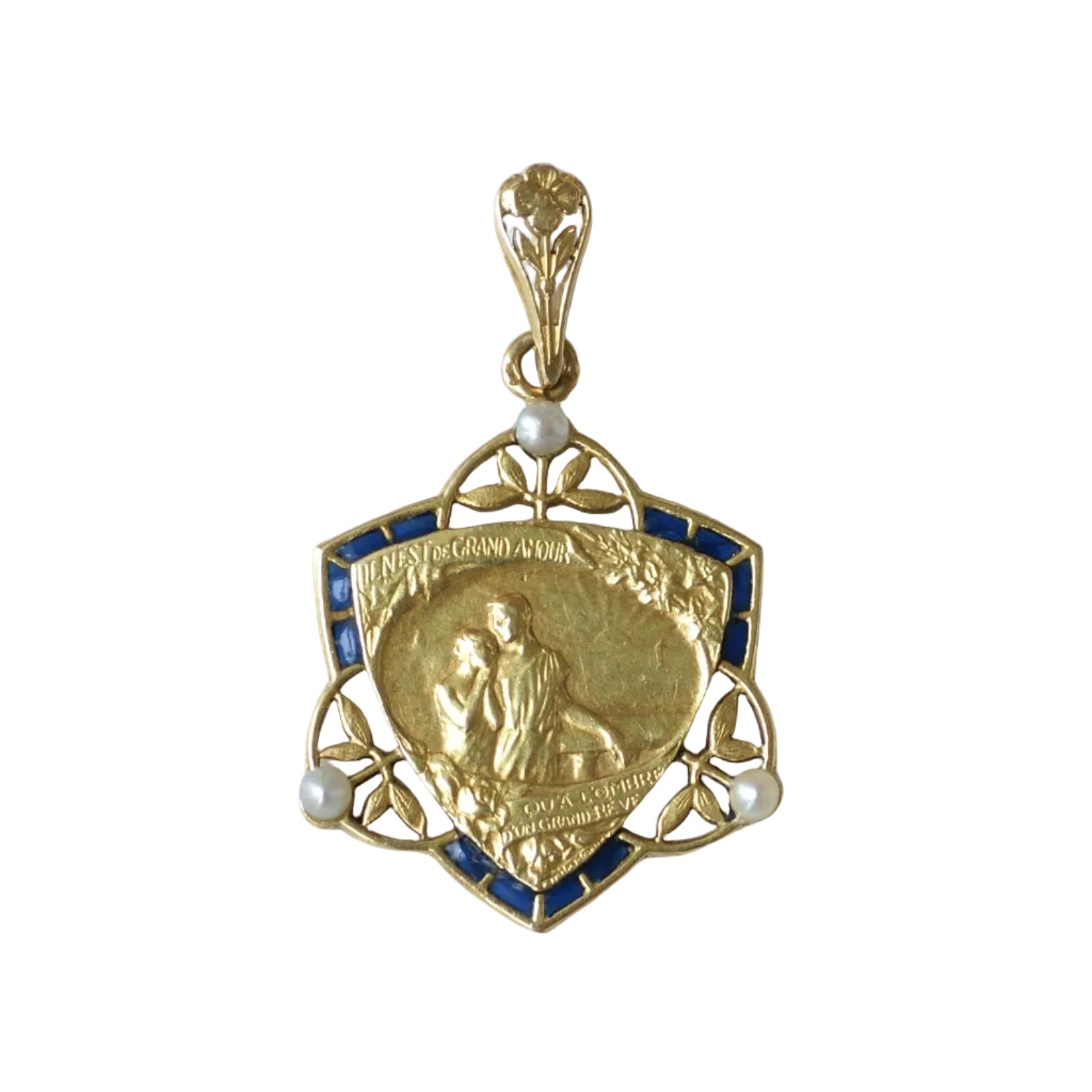 Romantic Art Nouveau Medal Featuring a Quote by Edmond de Rostand, with Plique-à-jour Enamel and Fine Pearls on Yellow Gold by Emile Monier