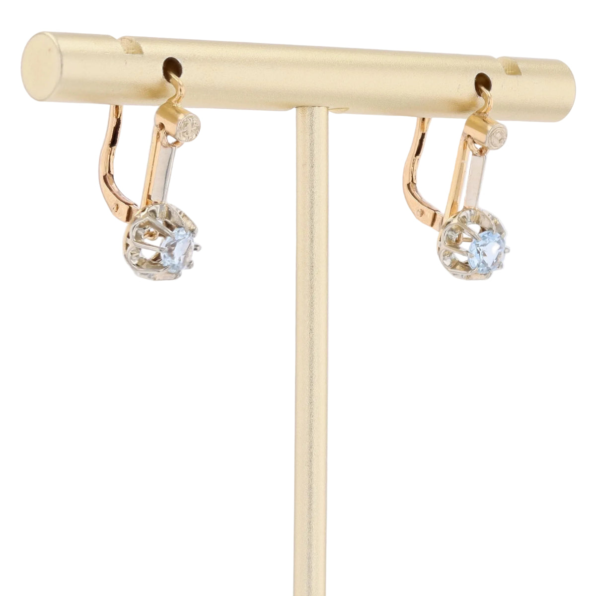 Lever-back earrings in yellow gold, Platinum, and aquamarines