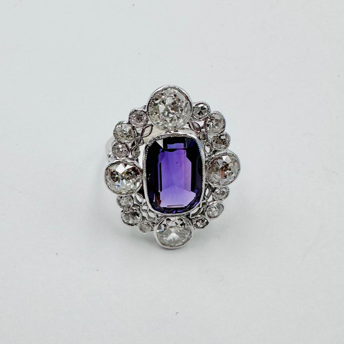 Pompadour Ring in Platinum, Amethyst, and Diamonds