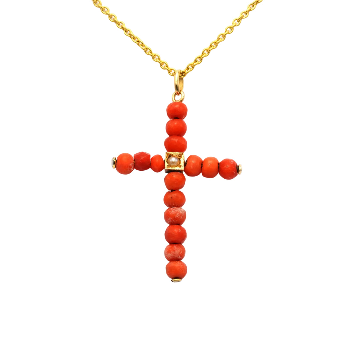 Yellow gold, pearl, and coral pendant