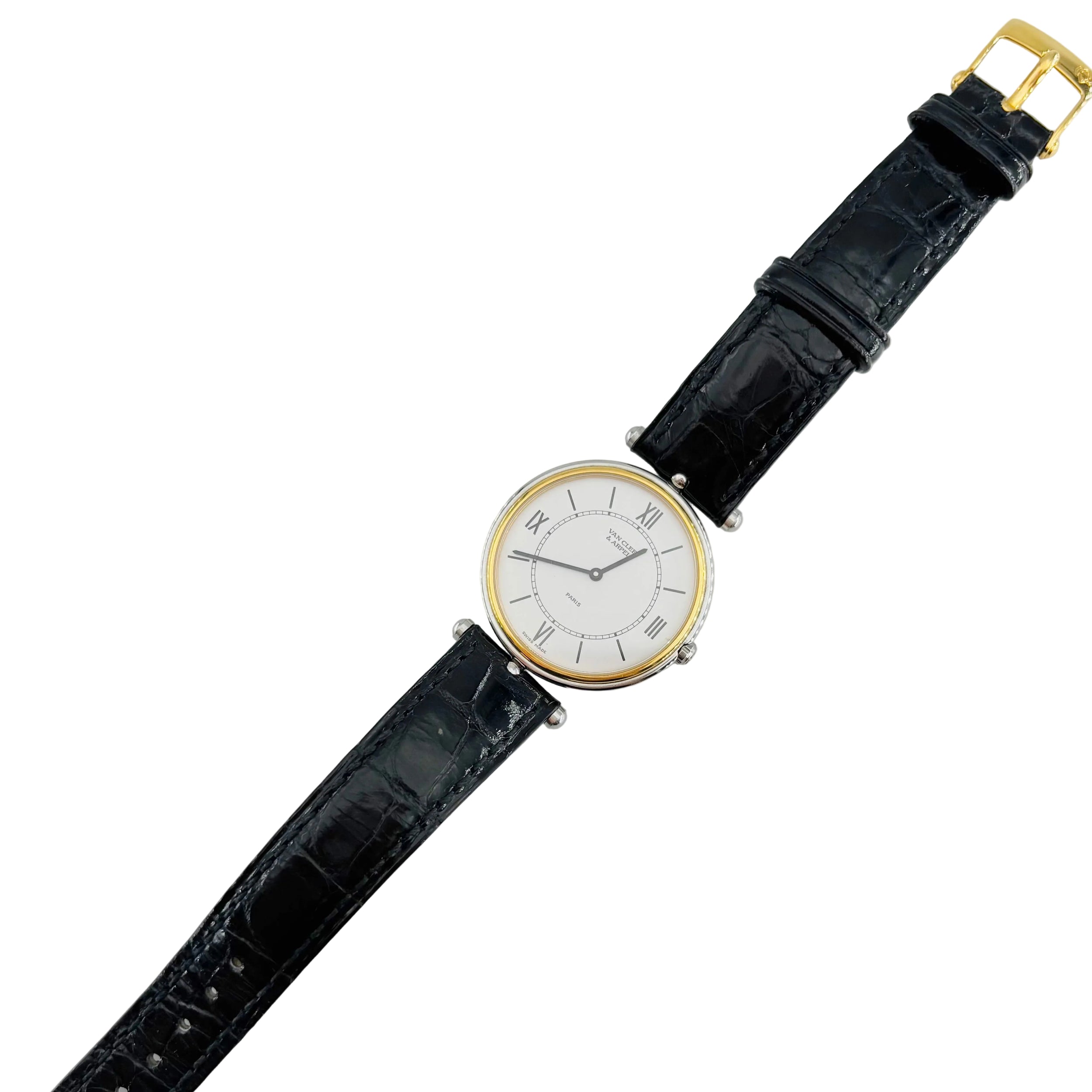 VAN CLEEF & ARPELS "La Collection" Watch in yellow gold, stainless steel, and leather
