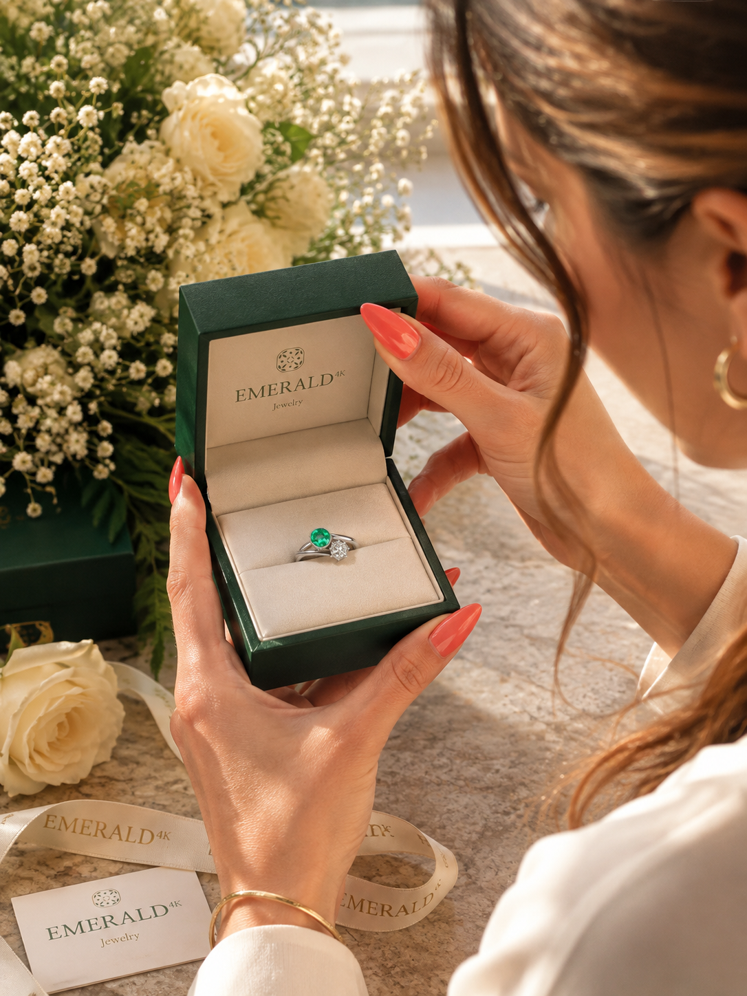 "Toi & Moi" Ring in White Gold, Emerald, and Diamond