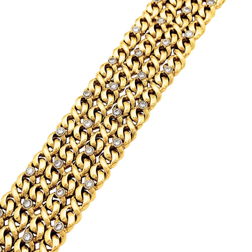 Bracelet ruban 4 rangs, or jaune, platine et diamants.