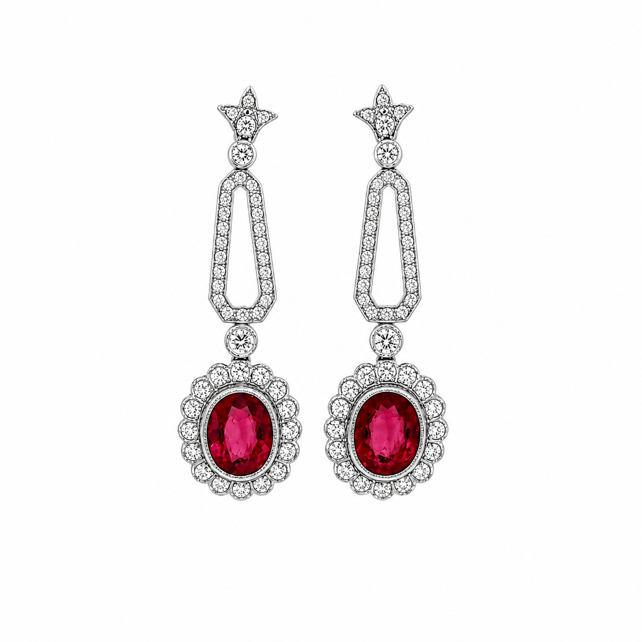 Earrings Pendent in white gold, rubellites and diamonds