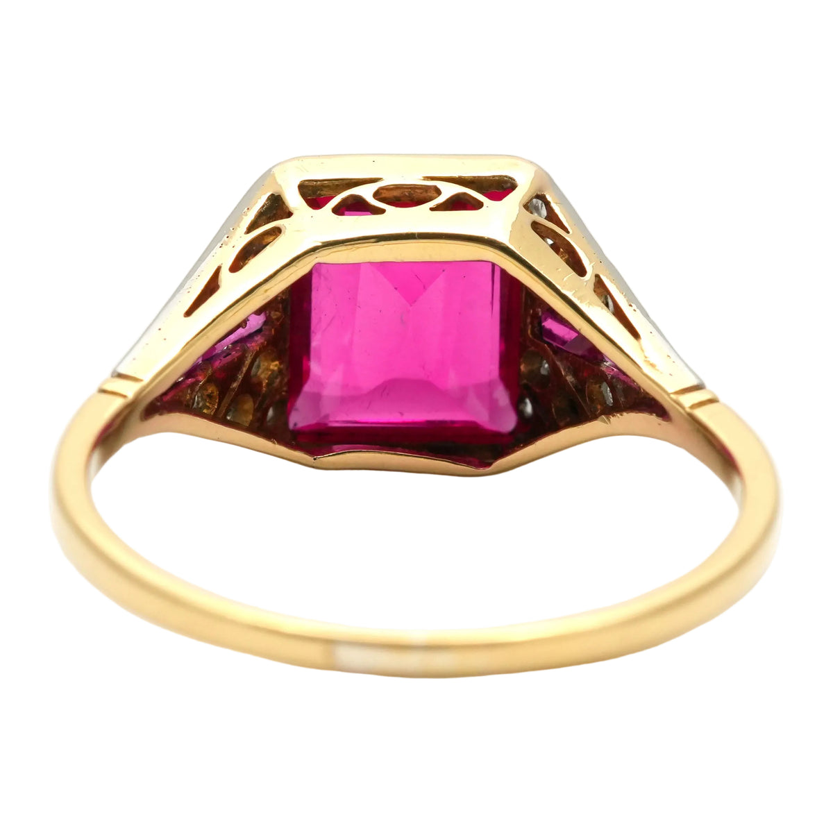 Art Deco ring in white gold, yellow gold, rubies, and diamonds