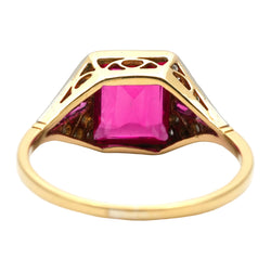 Art Deco ring in white gold, yellow gold, rubies, and diamonds