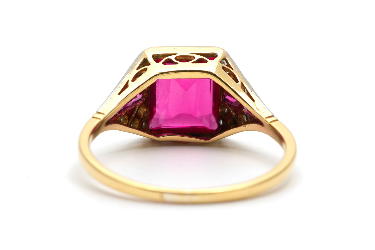 Art Deco ring in white gold, yellow gold, rubies, and diamonds