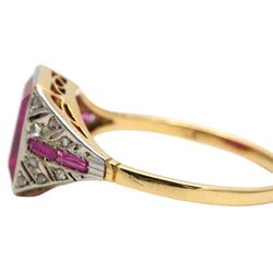 Art Deco ring in white gold, yellow gold, rubies, and diamonds