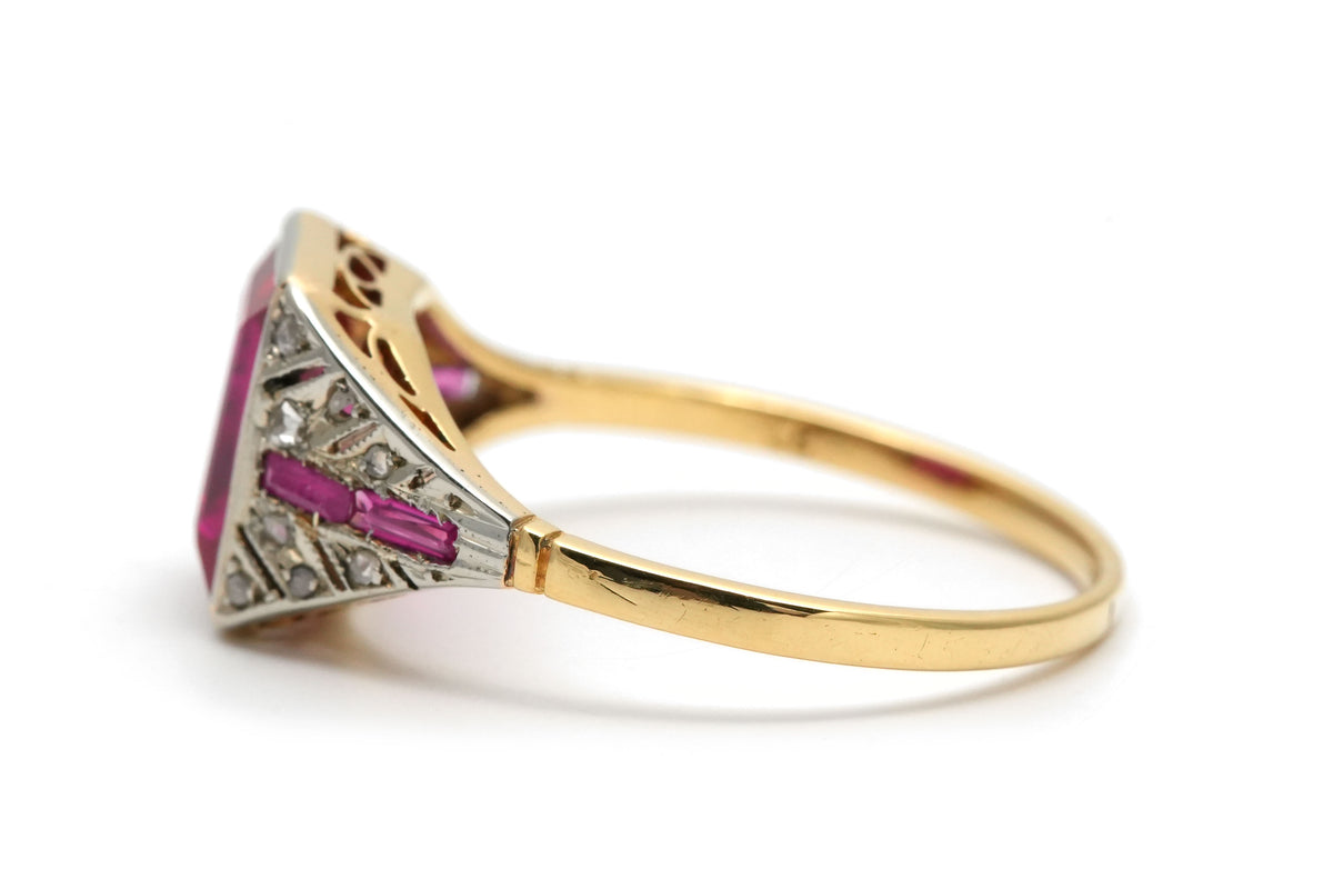 Art Deco ring in white gold, yellow gold, rubies, and diamonds