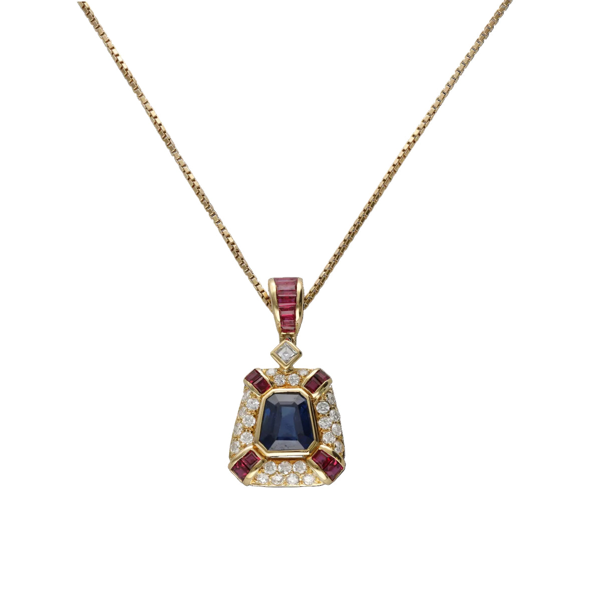 Yellow Gold Necklace with Sapphire, Ruby, and Diamond Pendant