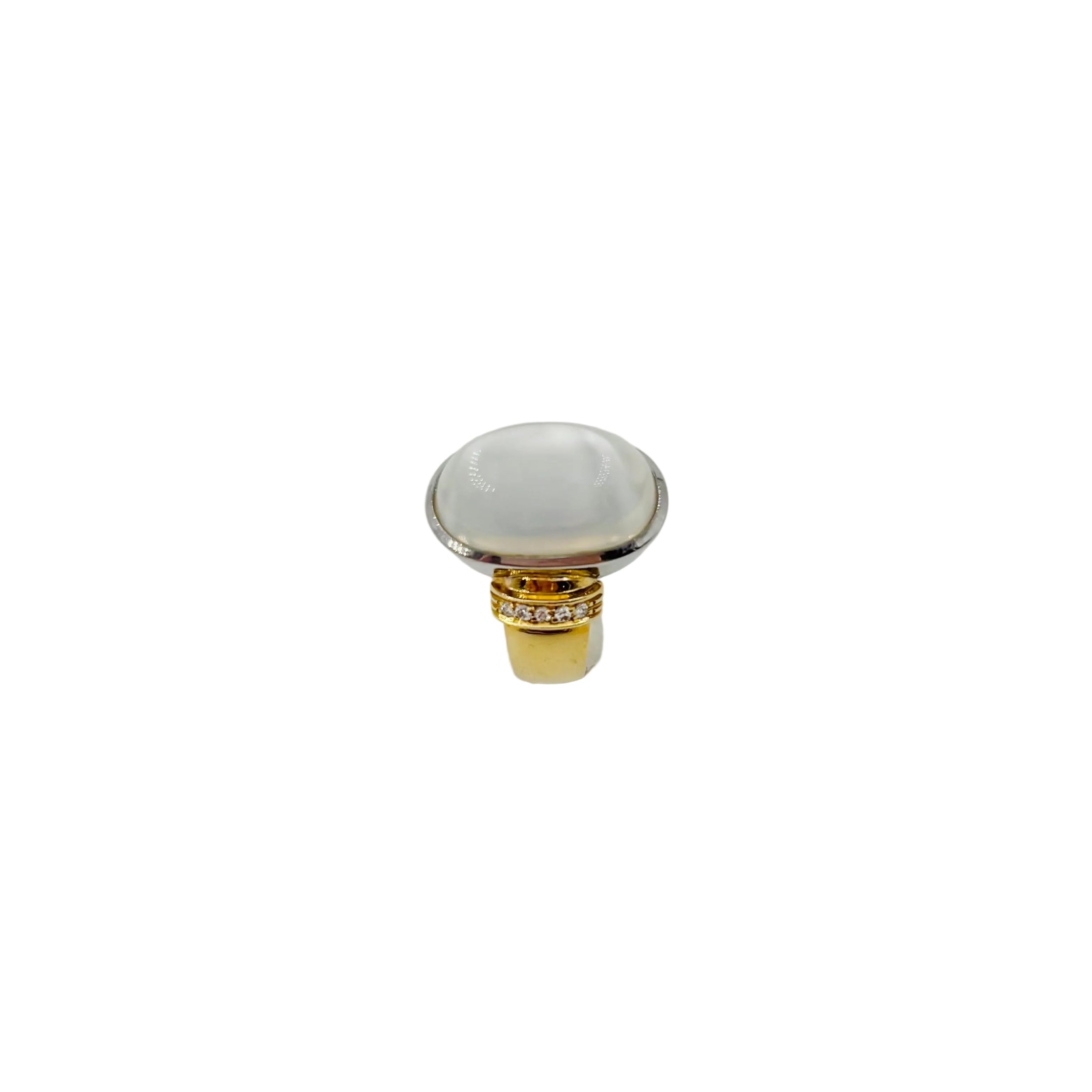 Solitaire Ring in yellow gold, white gold, moonstone, and diamonds