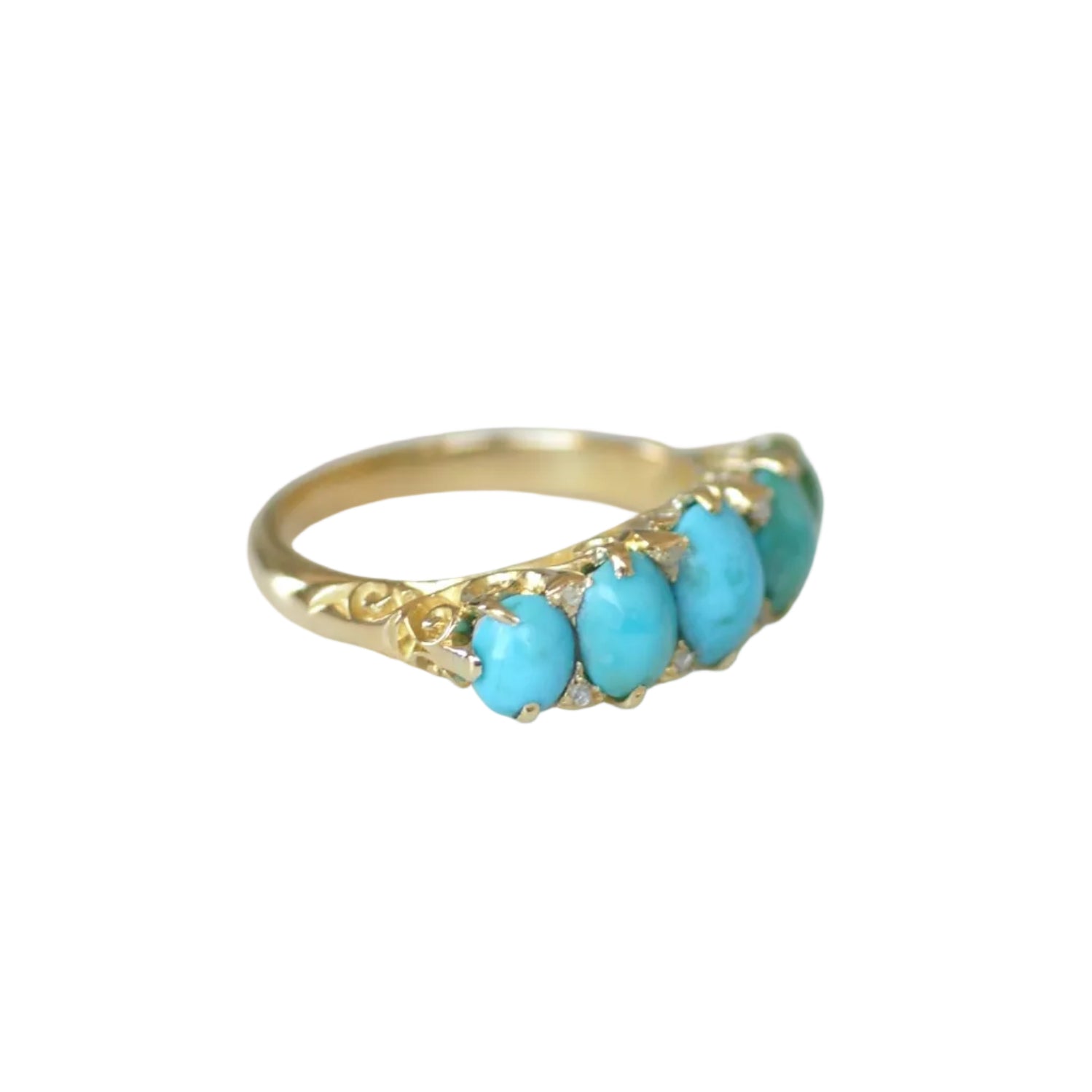 Bague Jarretière en or jaune, turquoises et diamants