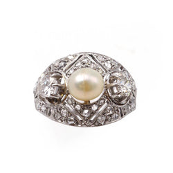 Cocktail Ring in Platinum, Pearl, and Diamonds