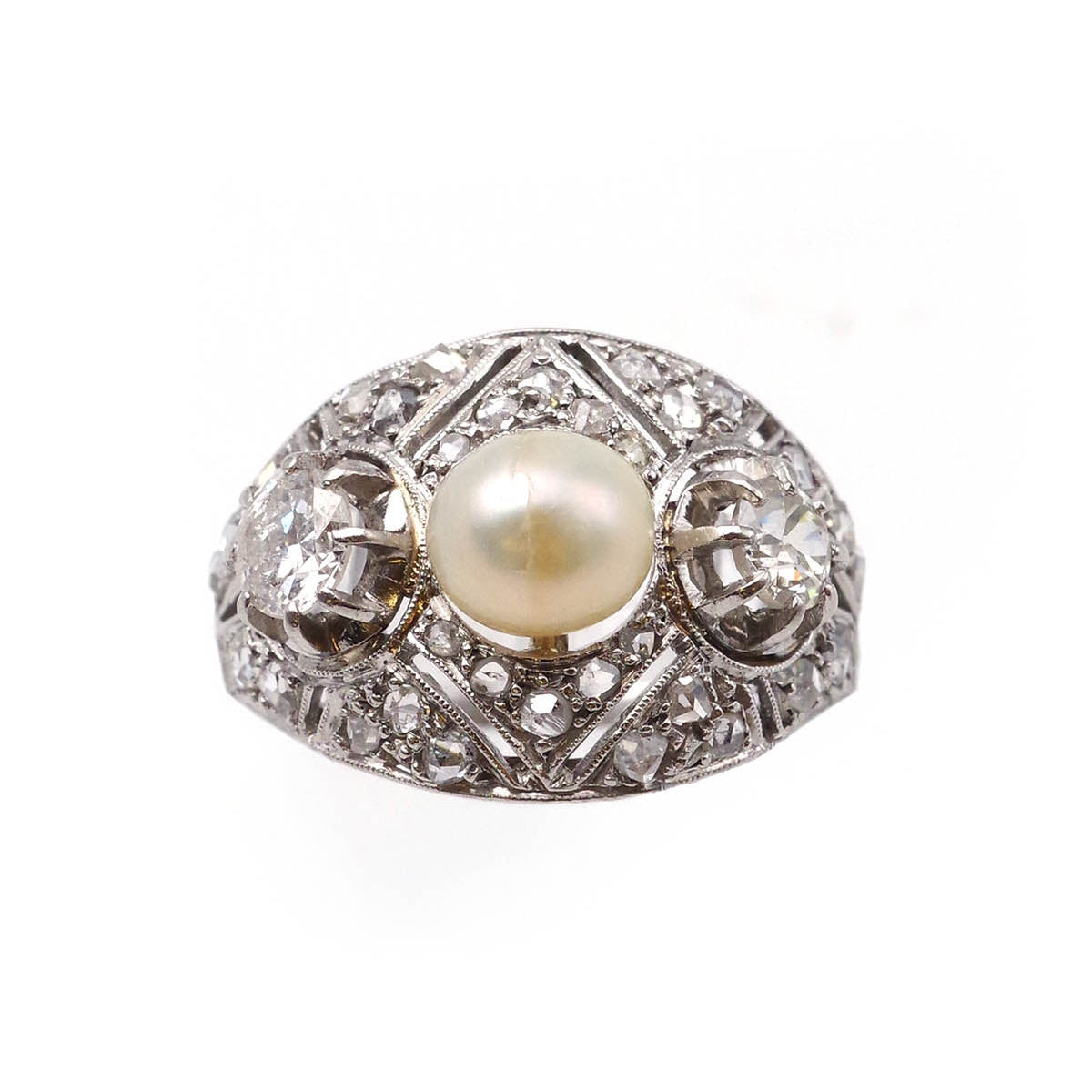 Cocktail Ring in Platinum, Pearl, and Diamonds