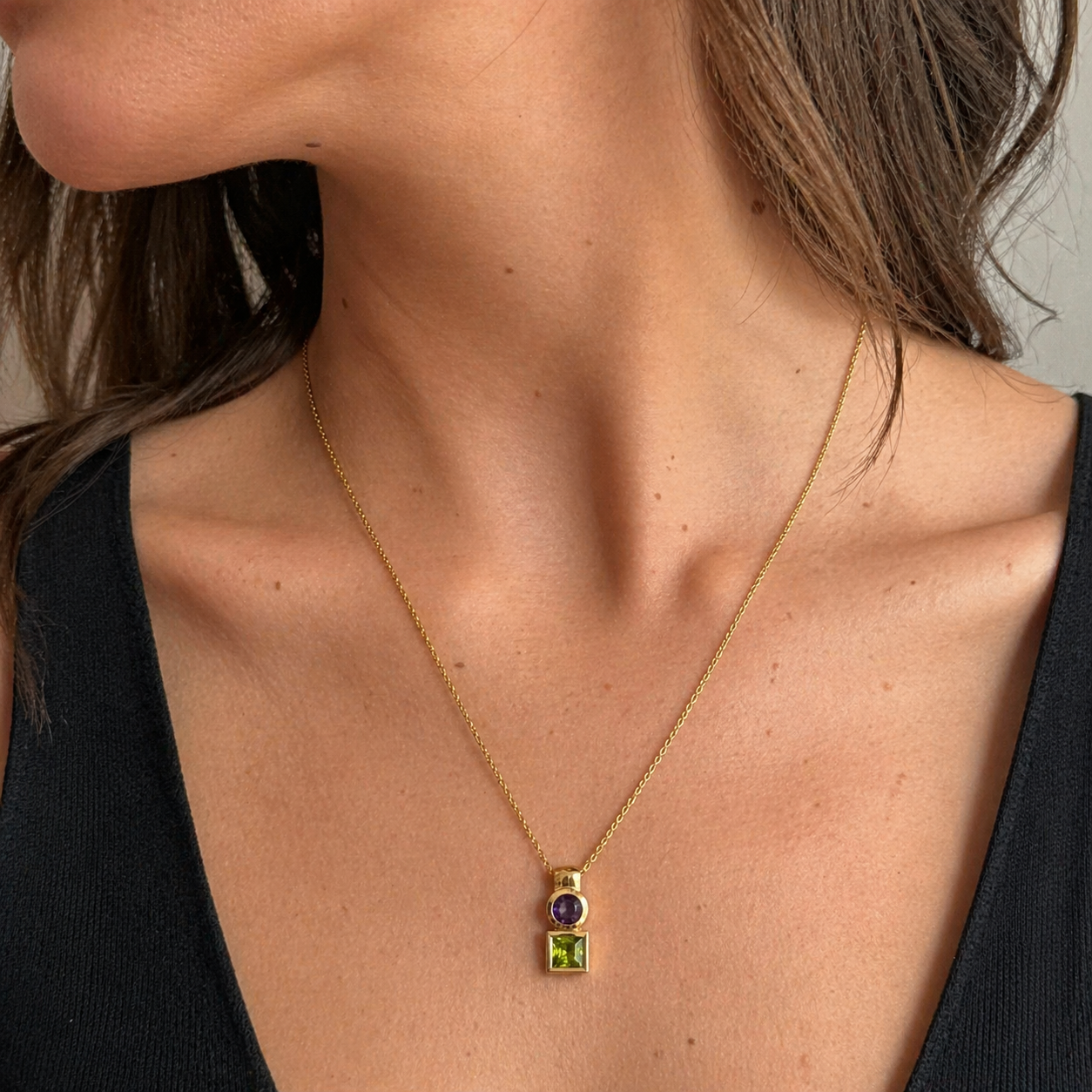 Necklace Pendant in Yellow gold, Amethyst and Peridot