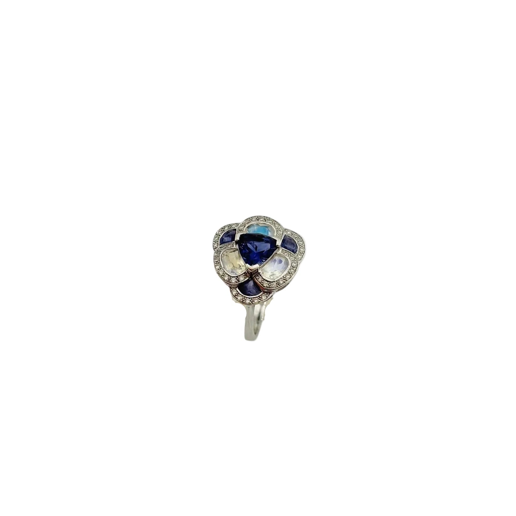 ISABELLE LANGLOIS "Flora Pensée" Entourage Ring in white gold, moonstones, iolites, and diamonds
