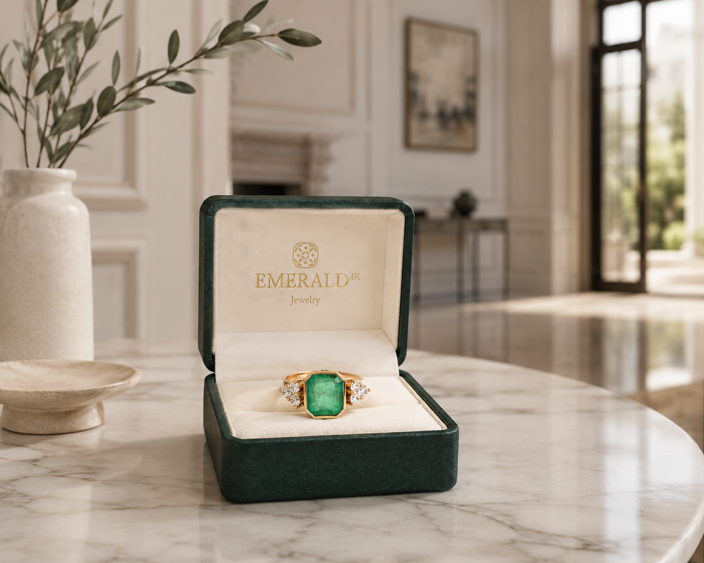 Trilogy Ring in Yellow Gold, Emerald, and Diamonds
