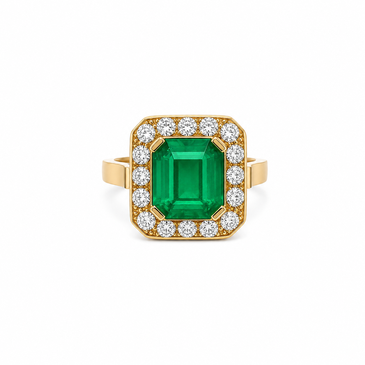 Bague Entourage en or jaune, émeraude et diamants