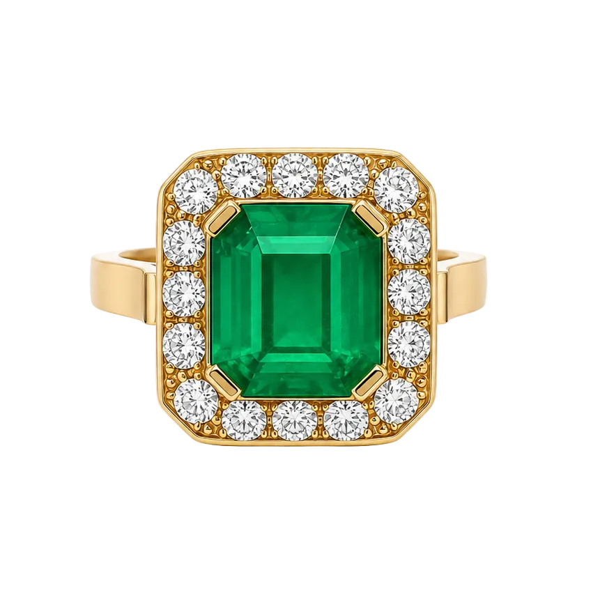 Entourage Ring in yellow gold, emerald, and diamonds