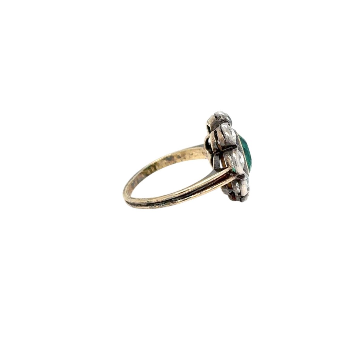 Fin du 19e siècle Bague à grappe en or/argent avec émeraude et diamant de 2,00 carats - Castafiore