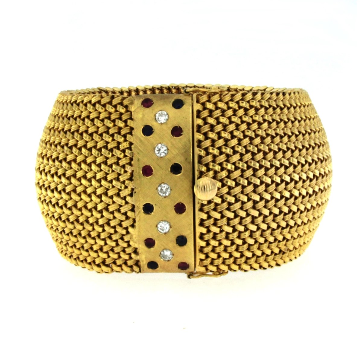 Frov Retro Italian Diamond Ruby Sapphire Mesh Gold Bracelet - Castafiore