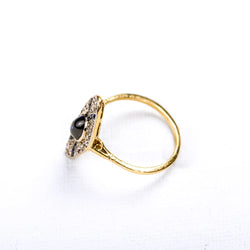 Art Deco marquise ring in multicolored gold, synthetic sapphires, and diamonds