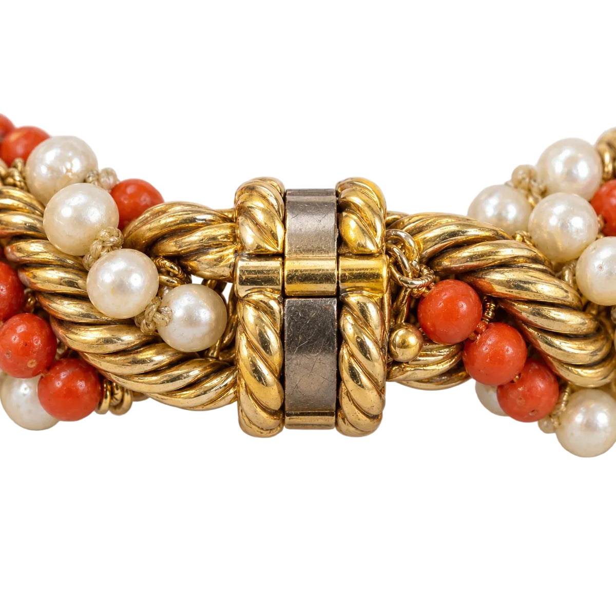 Flexible Yellow Gold Bracelet with Pearls and Coral