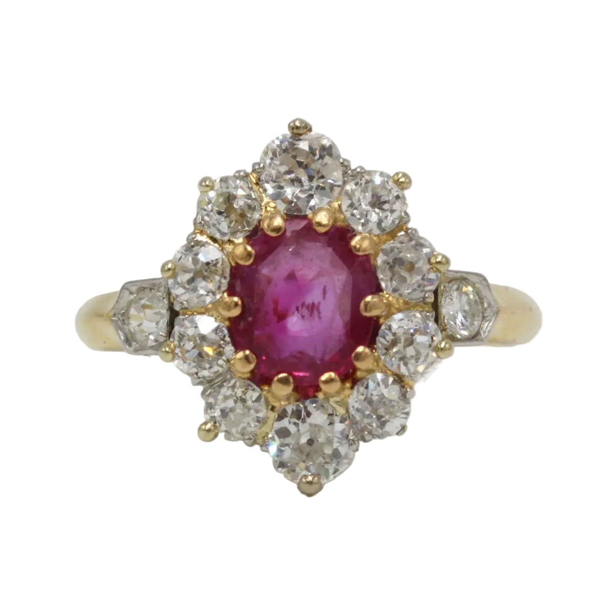 Marguerite Ring in yellow gold, Platinum, Rubies, and Diamonds