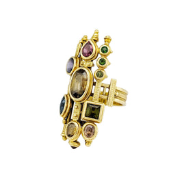 Yellow gold ring with multicolored stones