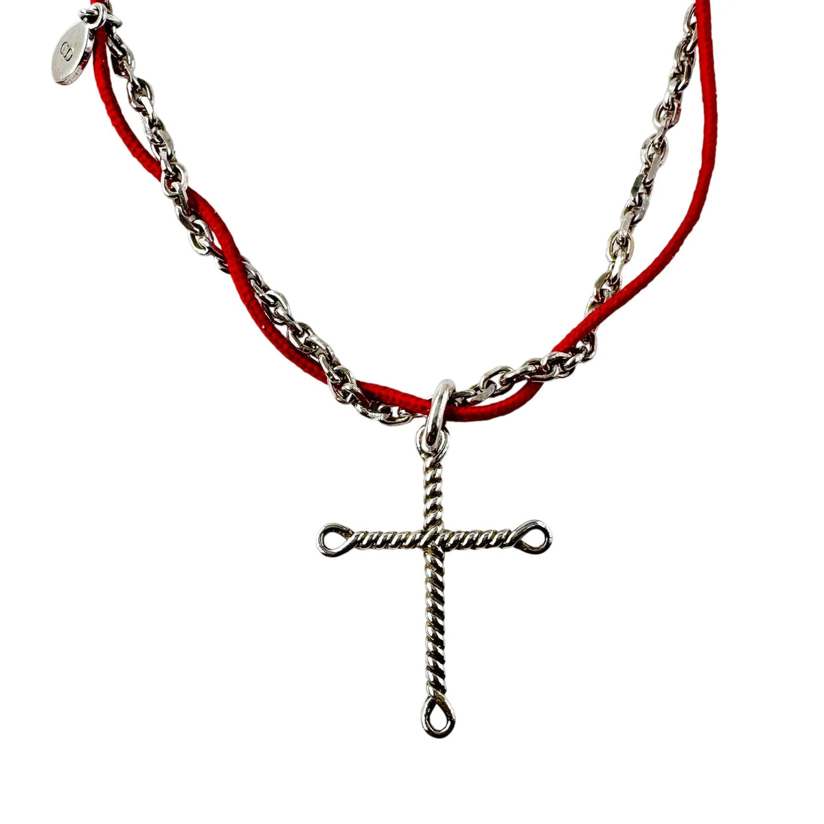 DIOR Silver Cross Pendant Necklace with Cord