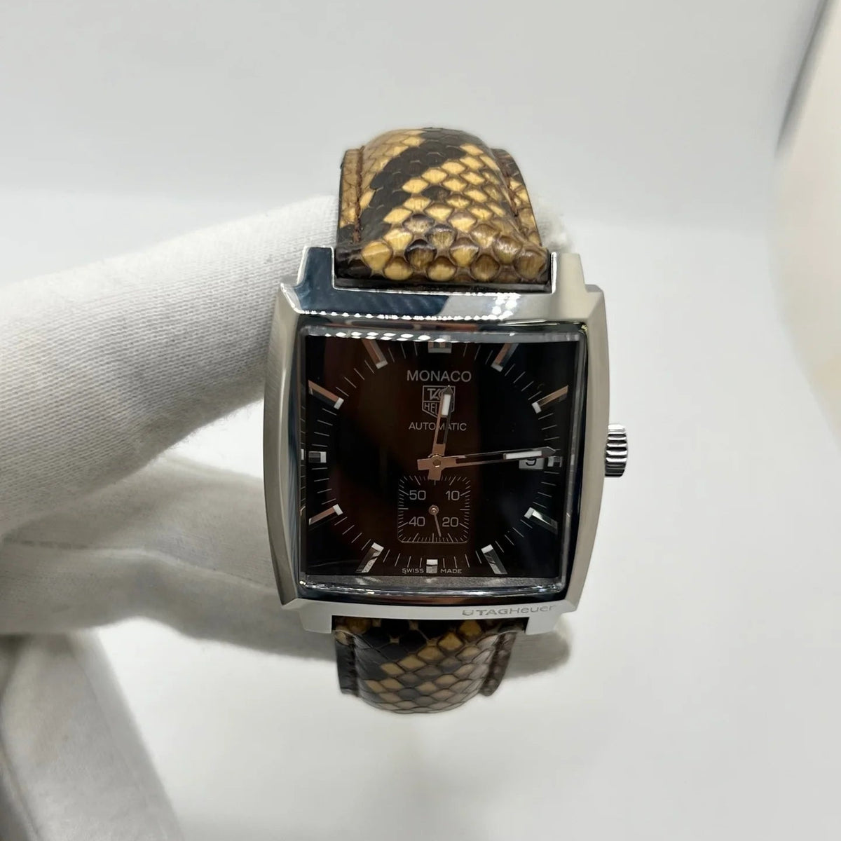 TAG HEUER "Monaco Calibre 6" Watch in Stainless Steel and Leather