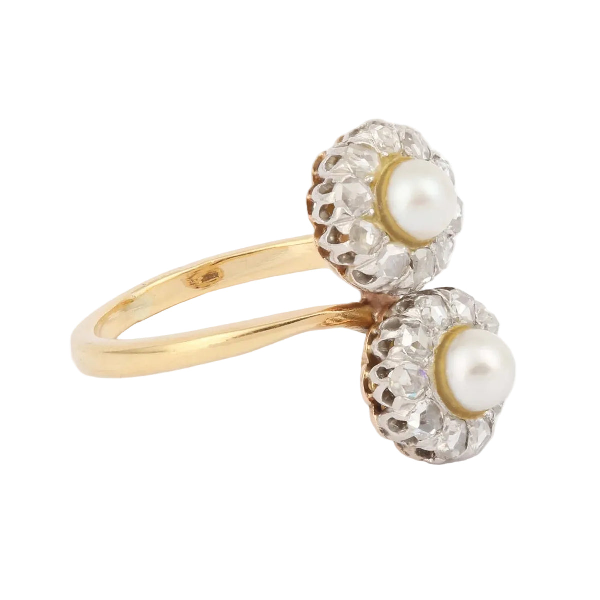"Toi & Moi" Ring in yellow gold, platinum, pearls, and diamonds