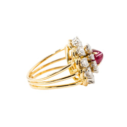 Yellow gold and platinum ring with diamonds and rubies
