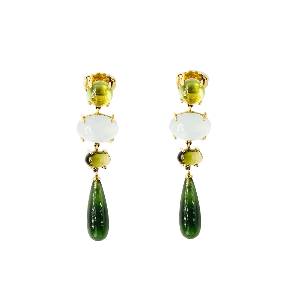 OLE LYNGGAARD "Aqua Lotus" Dangle Earrings in yellow gold with aquamarine, peridot, Tourmaline, and serpentine