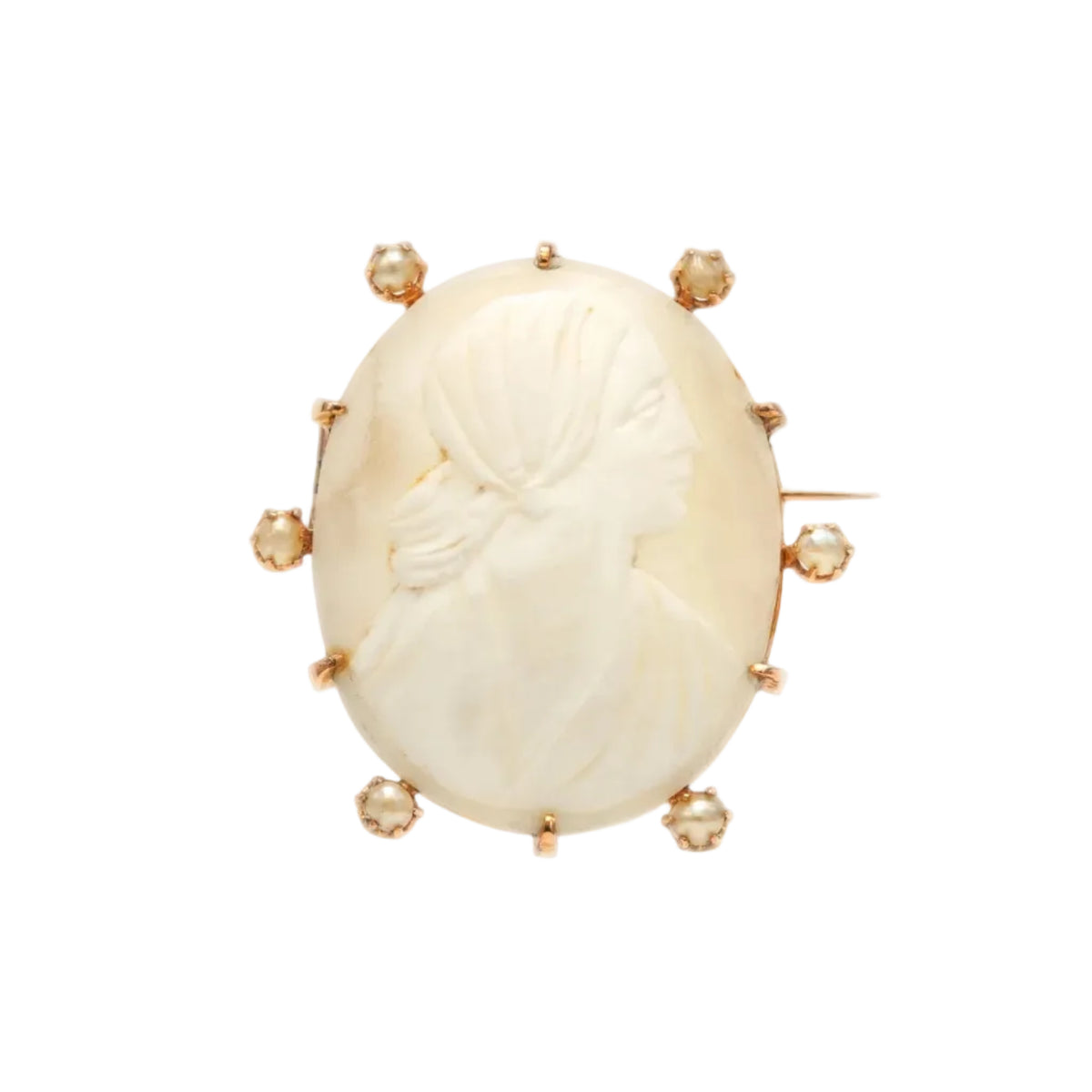 Yellow Gold Brooch with Pearls and a Cameo