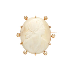 Yellow Gold Brooch with Pearls and a Cameo