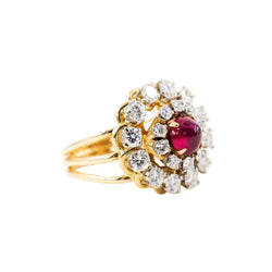 Yellow gold and platinum ring with diamonds and rubies