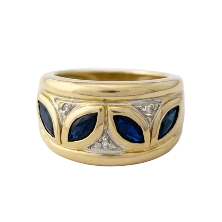 Band Ring in white gold, yellow gold, sapphires, and diamonds