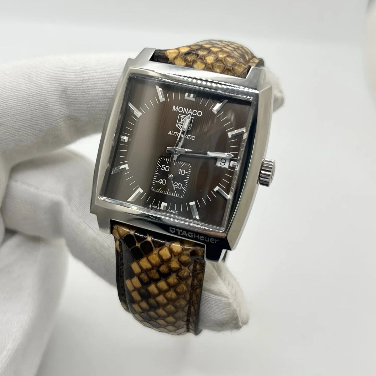 TAG HEUER "Monaco Calibre 6" Watch in Stainless Steel and Leather