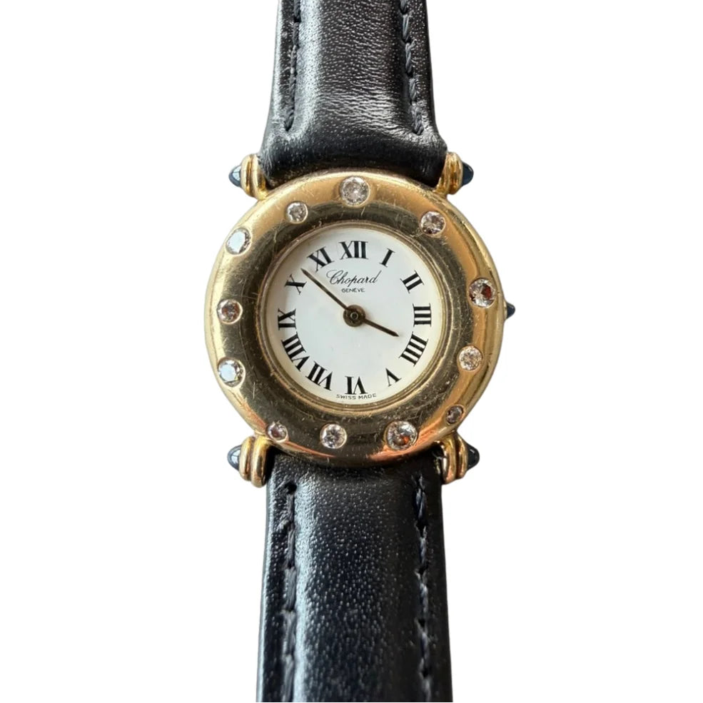 CHOPARD "Classic" Watch in yellow gold, leather, Sapphire, and Diamonds