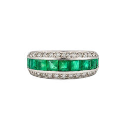 White Gold Band Ring with Emeralds and Diamonds