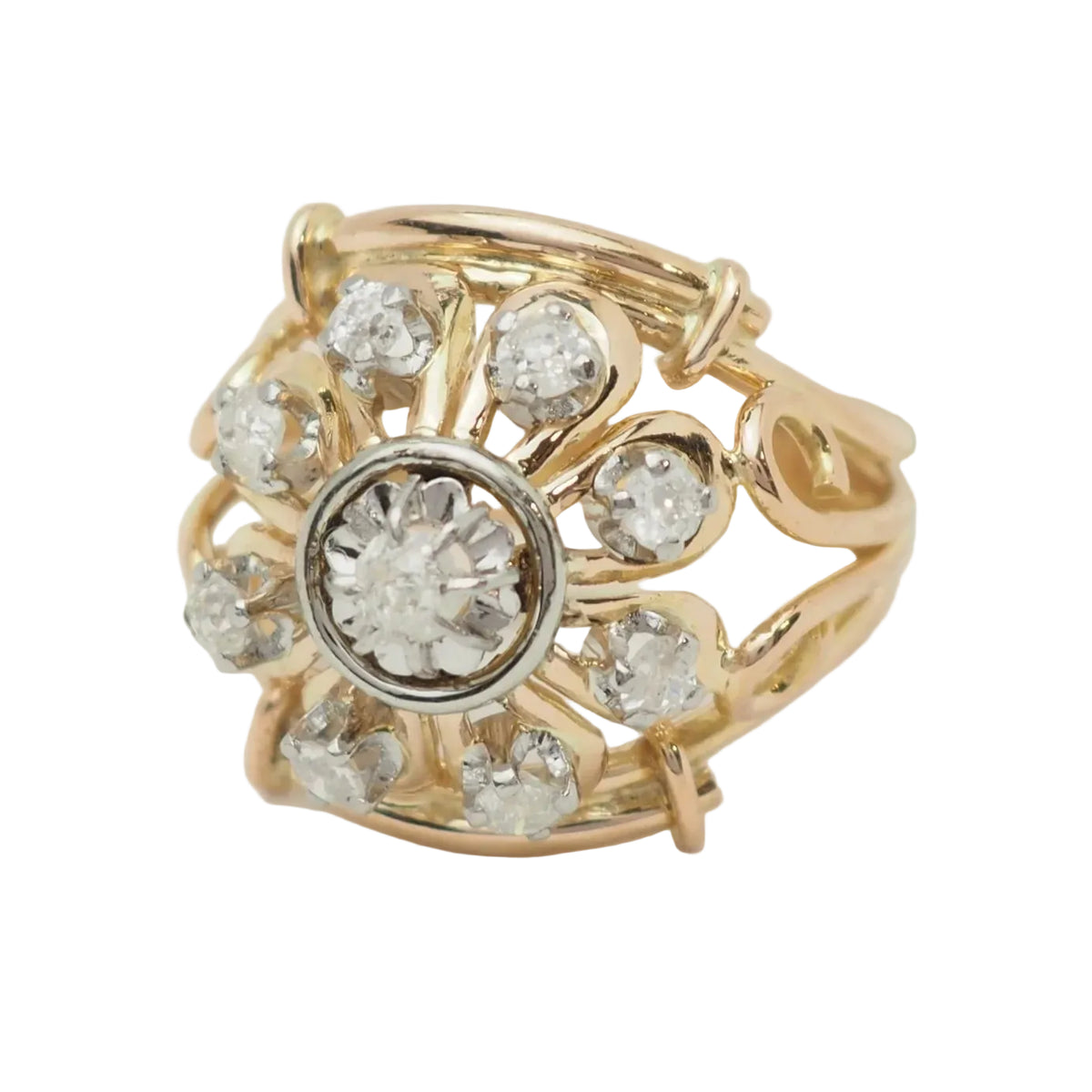 Tank Ring in yellow gold, Platinum, and Diamonds