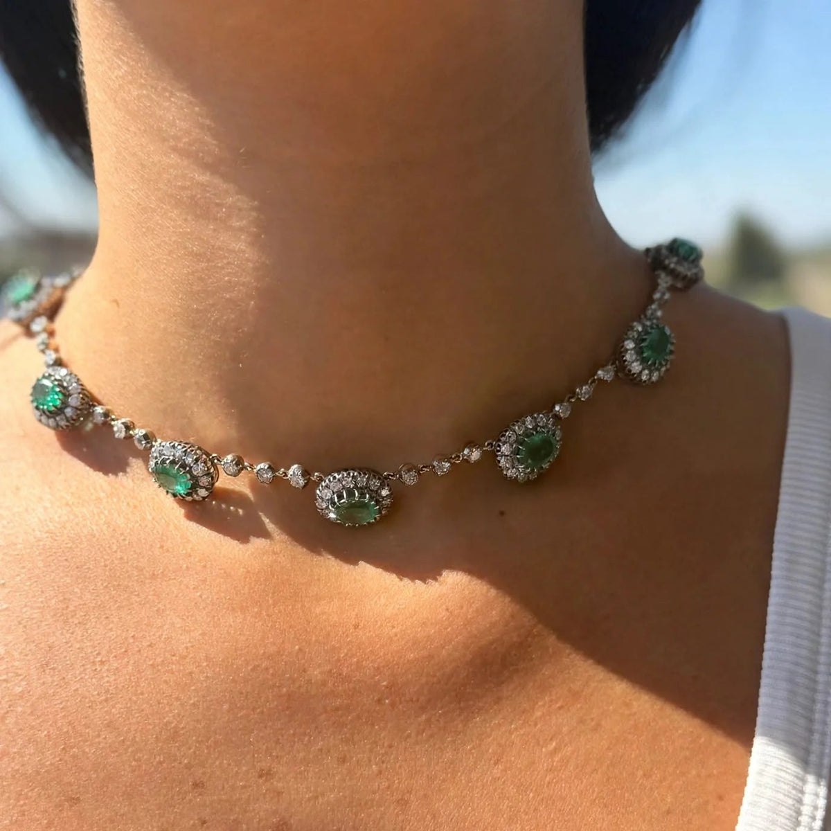 "Rivière" Necklace with Emeralds and Diamonds