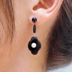 Drop Earrings in Yellow Gold, Platinum, Onyx, and Pearls