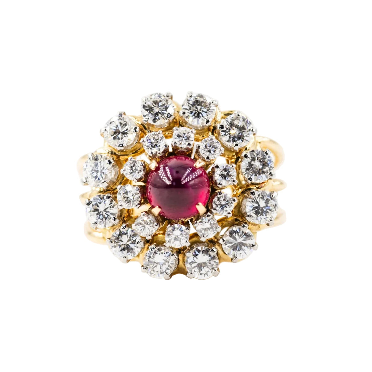Yellow gold and platinum ring with diamonds and rubies