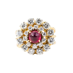Yellow gold and platinum ring with diamonds and rubies