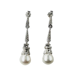 White Gold Dangle Earrings with Pearls and Diamonds