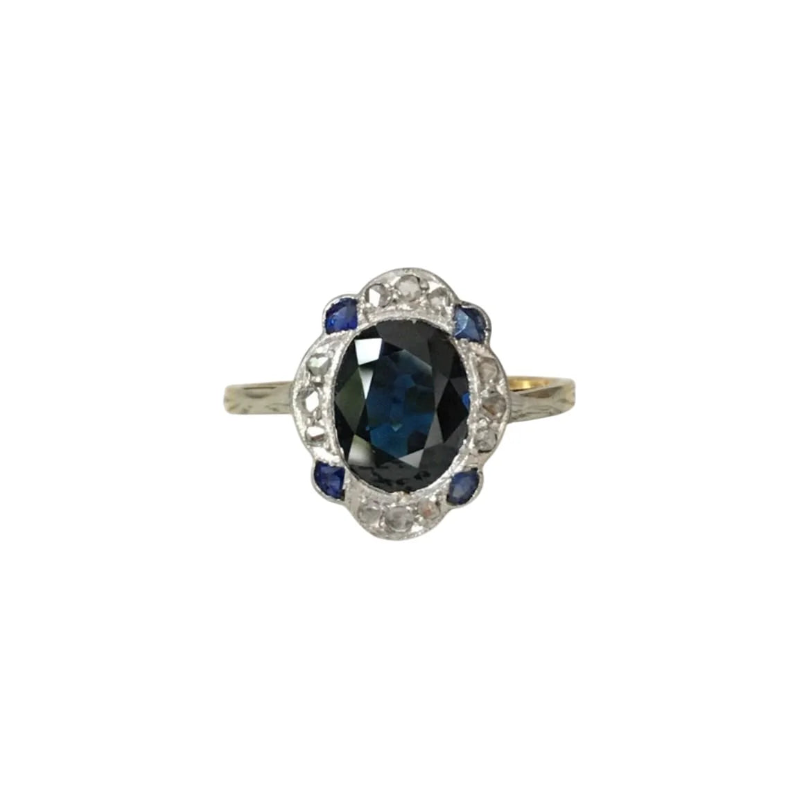 Bague Art-Déco en or jaune 18K et platine saphir et diamants
