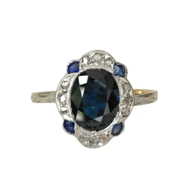 Bague Art-Déco en or jaune 18K et platine saphir et diamants