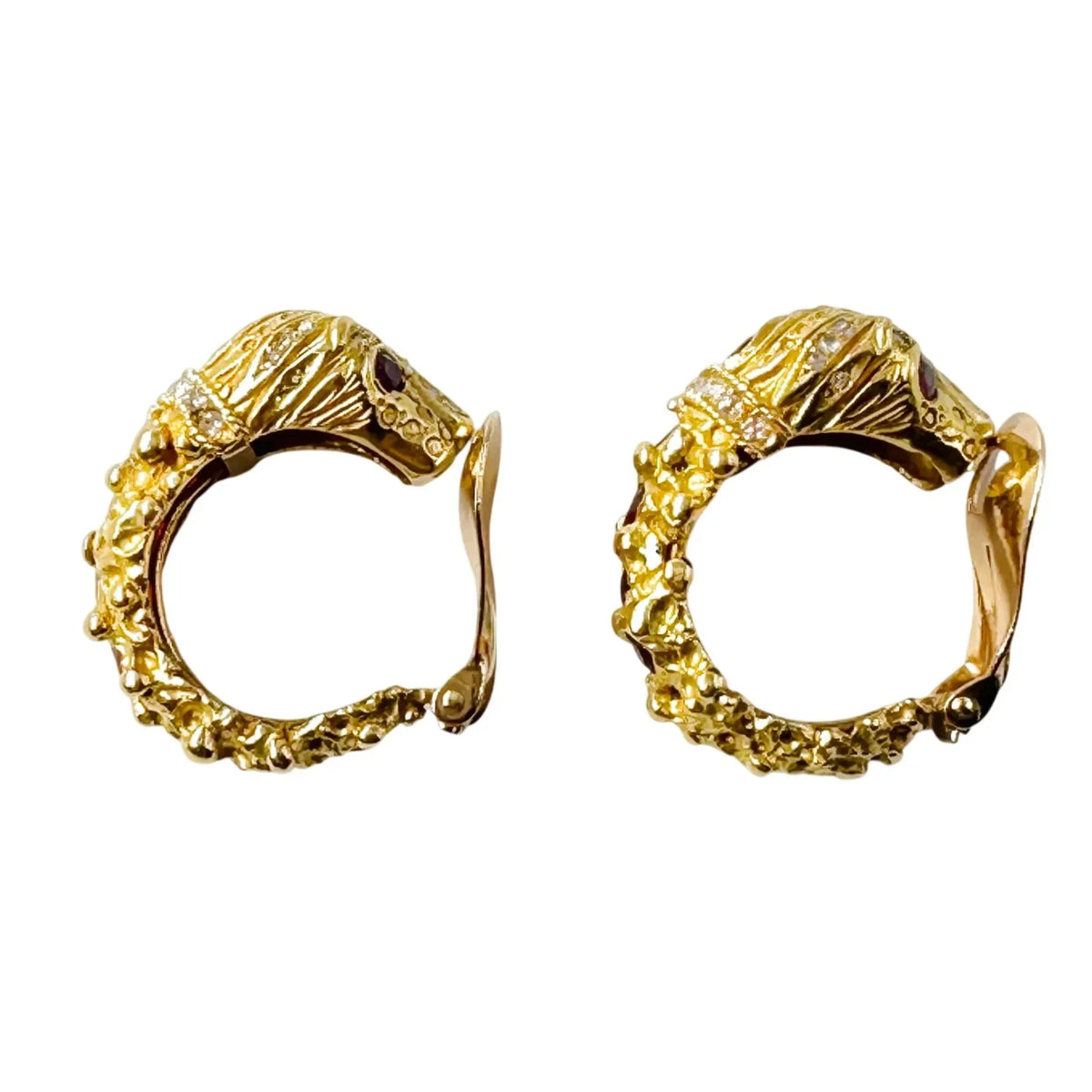Lion's Head Hoop Earrings in Yellow gold, Rubies, and Diamonds